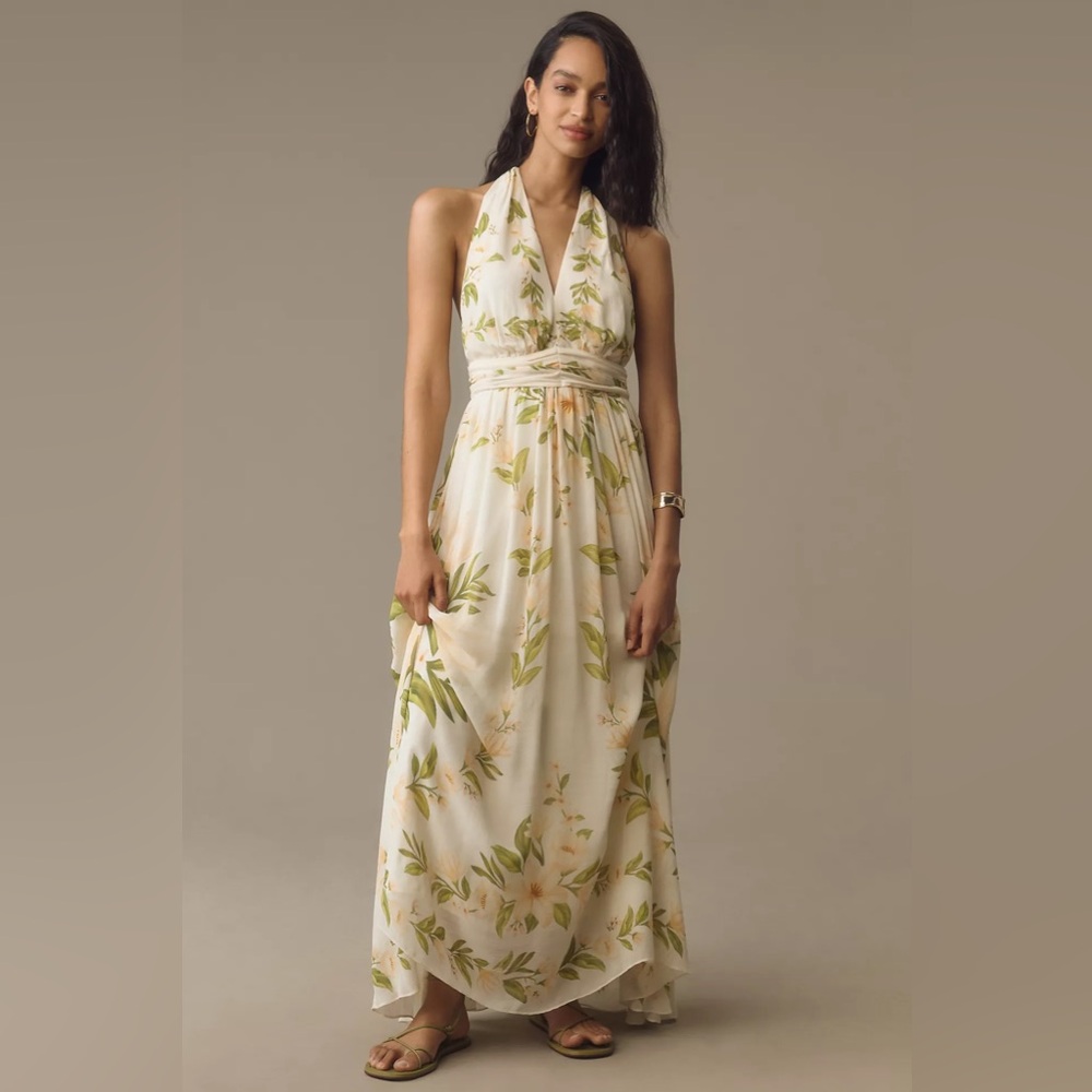 Farm Rio x Anthropologie V-Neck Floral Chiffon Maxi Dress